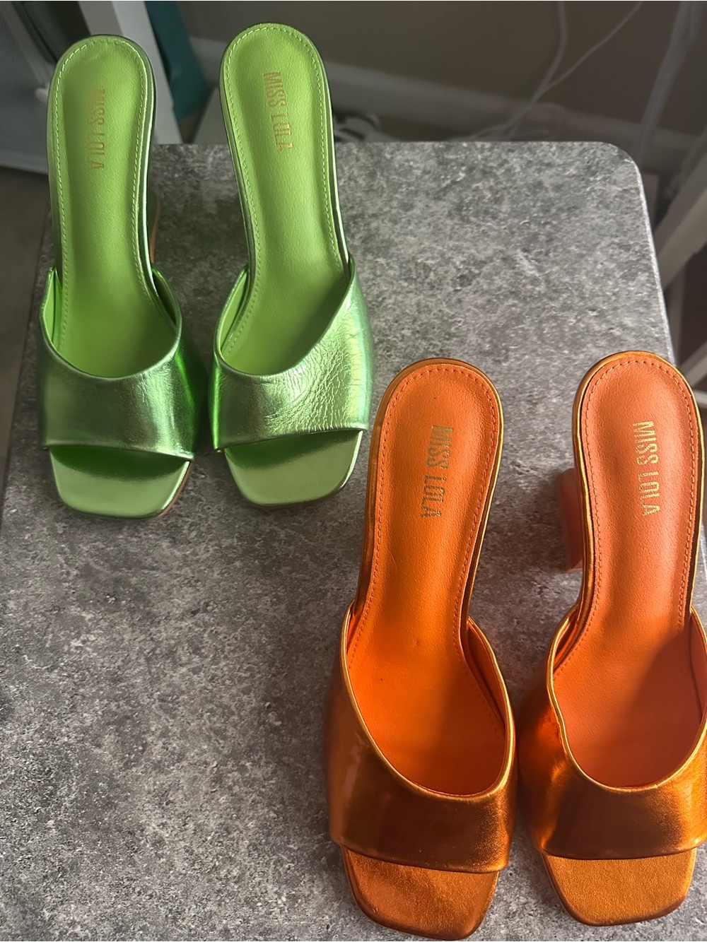Miss Lola Metallic Lime Green and Bright Orange Slide Mules